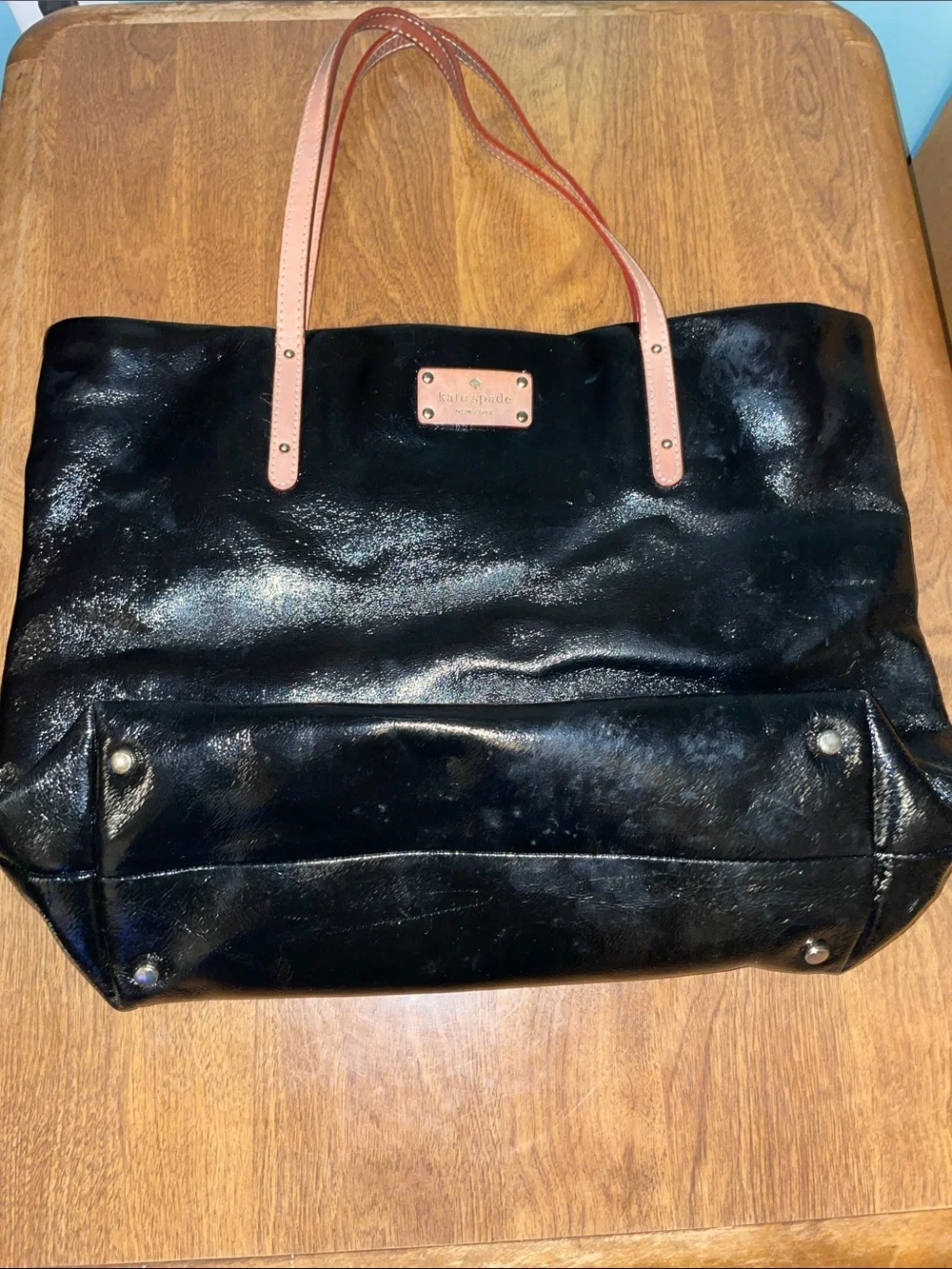 kate spade Black Patent Leather Tote with Brown Handles